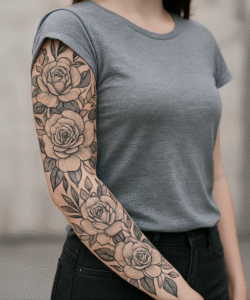 Floral Sleeve Tattoo mit Rosen und Blättern in Black & Grey