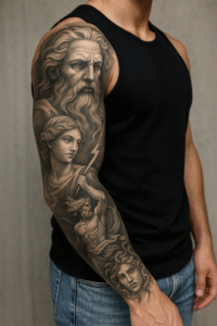 Mythology Sleeve Tattoo mit Zeus, Göttin und Medusa in Black & Grey