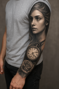 Portrait Realism Sleeve Tattoo mit Frauenporträt, Uhr und Rose