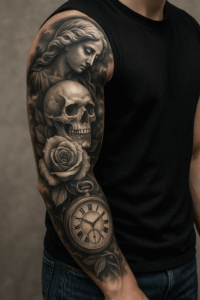 Black & Grey Sleeve Tattoo mit Totenkopf, Rose und Uhr