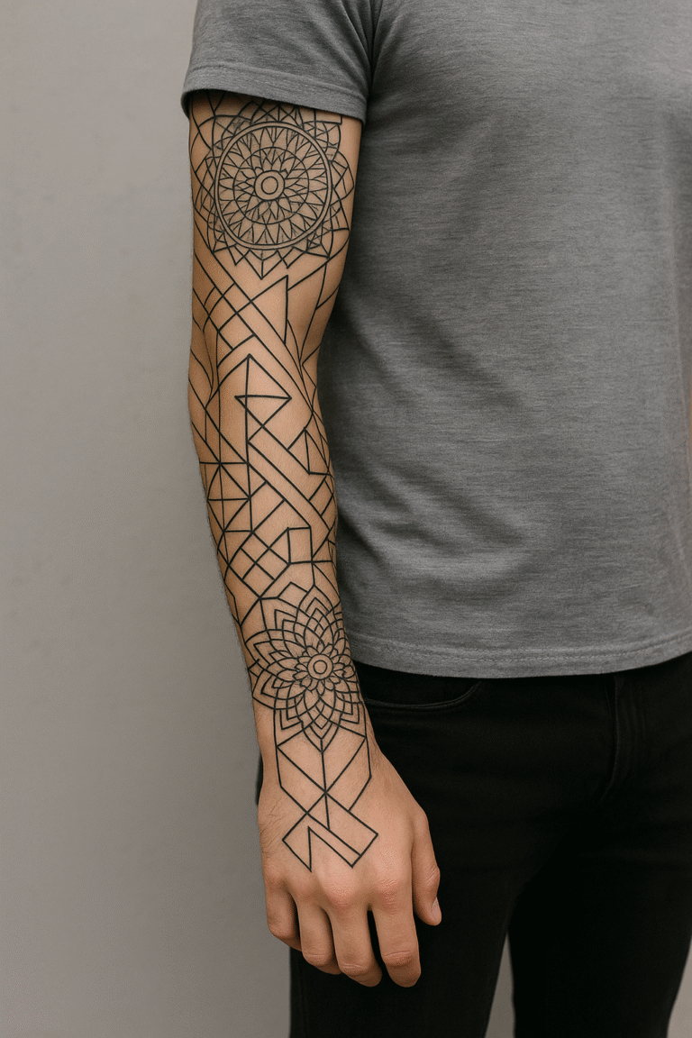 Geometric Sleeve Tattoo mit Mandala, Linien und Dreiecken