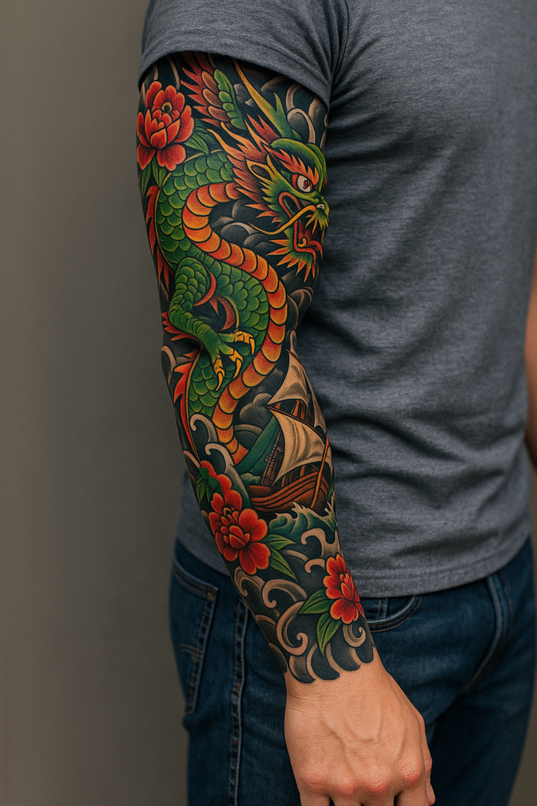 Japanese Sleeve Tattoo mit Drache, Pfingstrosen und Wellen