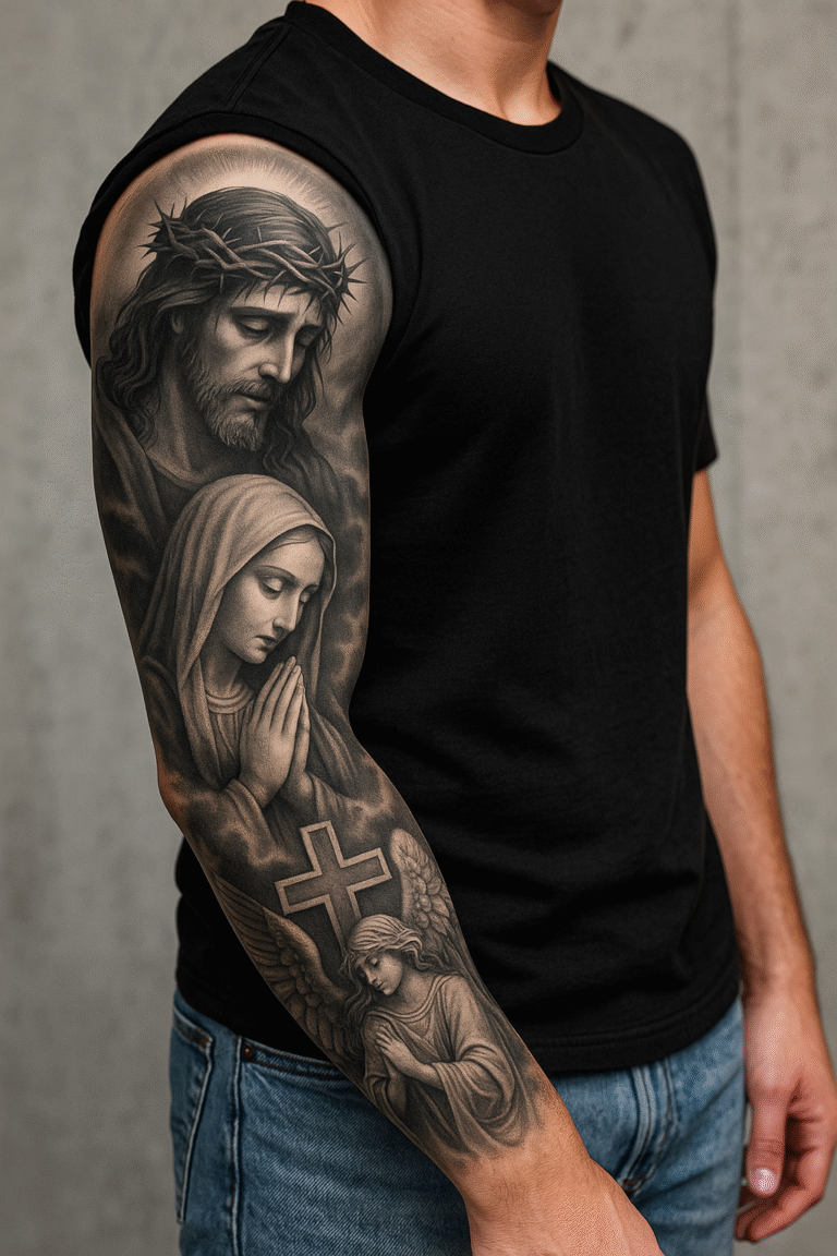 Religious Sleeve Tattoo mit Jesus, Maria und Engel in Black & Gre