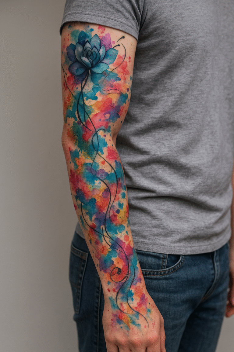 Watercolor Sleeve Tattoo mit abstrakten Farbübergängen und Lotusblüte