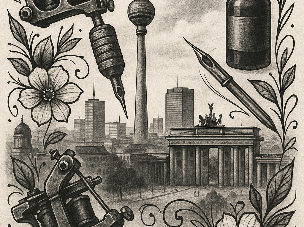 Tattoo-style illustration of Berlin skyline framed by tattoo machines, ink bottle, nibs, and flowers surrounding the Brandenburg Gate in sepia tones.