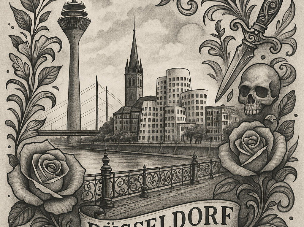 Ornate tattoo-style illustration of Düsseldorf with the Rhine, modern buildings, a church tower, a bridge, roses, a skull, and a dagger framing a banner that reads Düsseldorf.