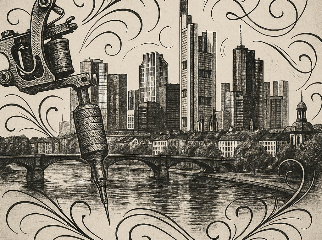 Tattoo machine over a city skyline with a river and bridges, surrounded by decorative swirls (artistic sketch).