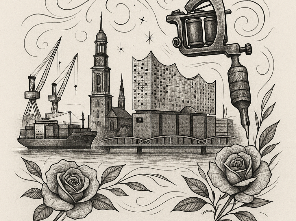 Engraving-style Hamburg harbor scene with cranes, a ship, the Elbphilharmonie, a church tower, decorative roses, and a tattoo machine