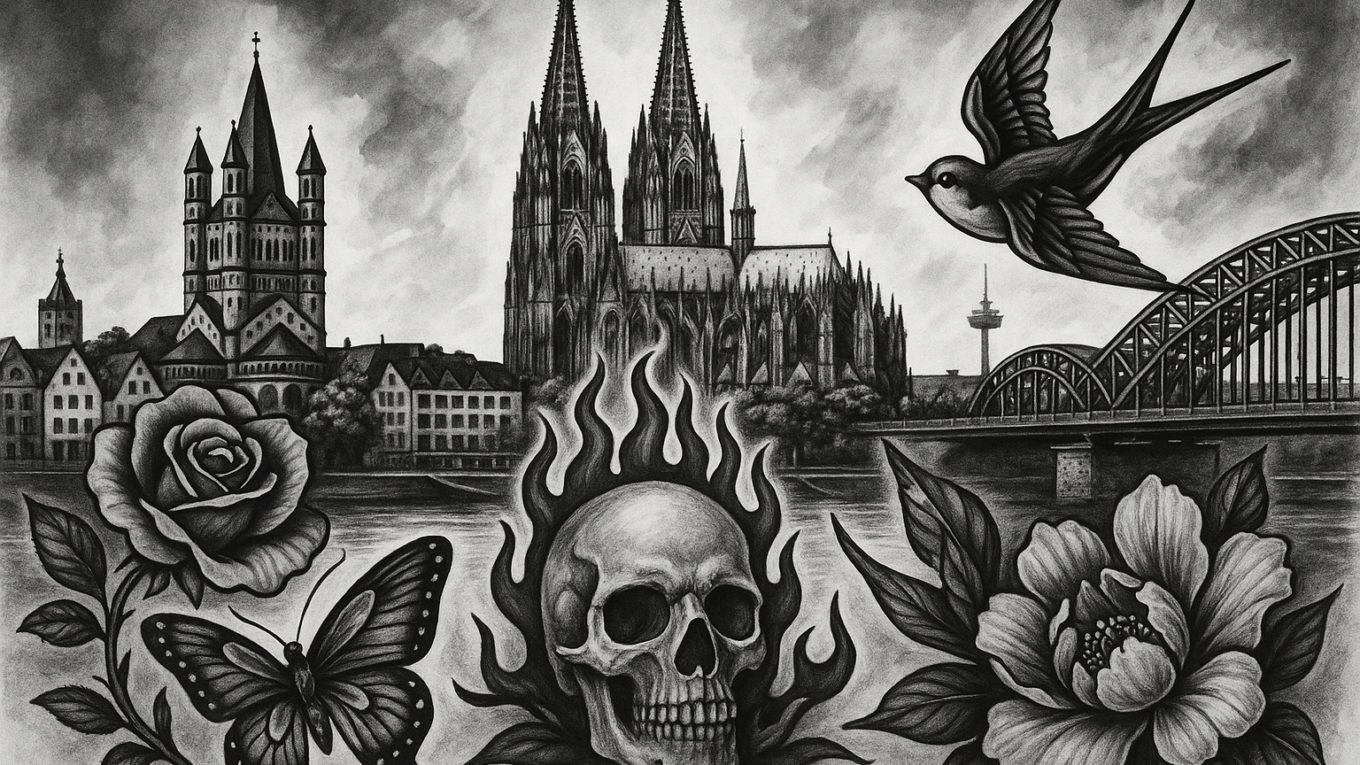 Gothic cityscape with a flaming skull center, roses, butterfly, bird, and a bridge in the background (tattoo-style collage).