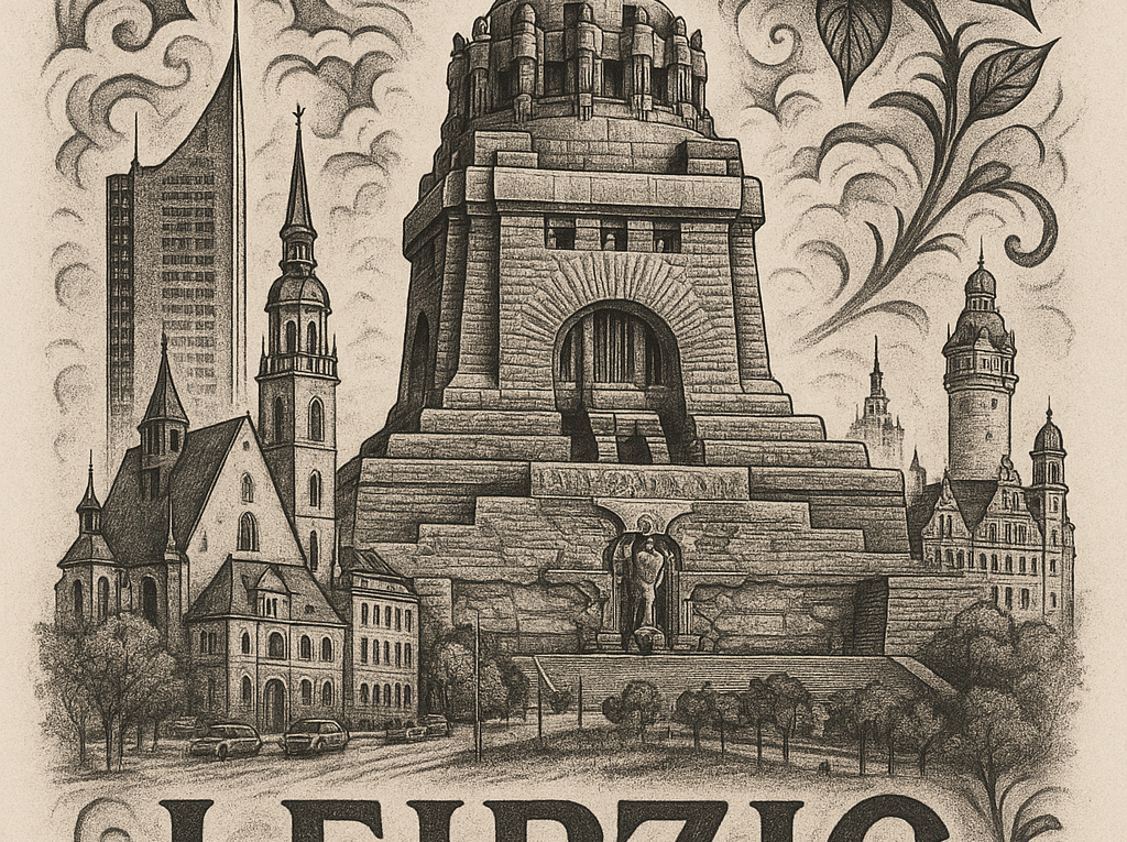 Sepia illustration of Leipzig's central monument with surrounding historic buildings and decorative roses; 'LEIPZIG' appears at the bottom.