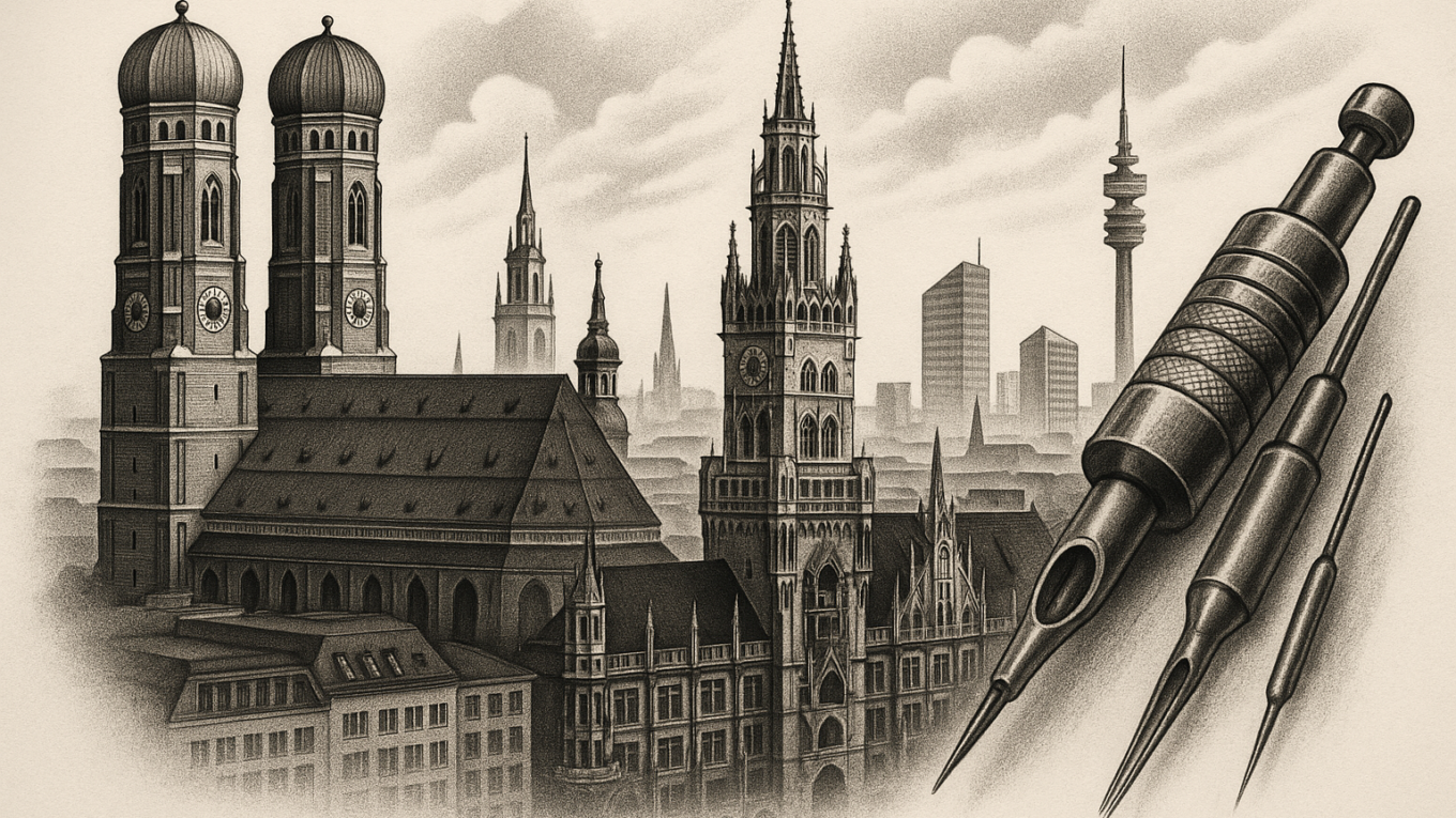Sepia cityscape showing Munich’s twin-domed Frauenkirche and a Gothic town hall, with large drafting tools in the foreground.
