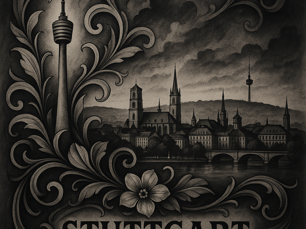 Vintage-style illustration of Stuttgart skyline with cathedral spires, ornate floral border and the caption STUTTGART.